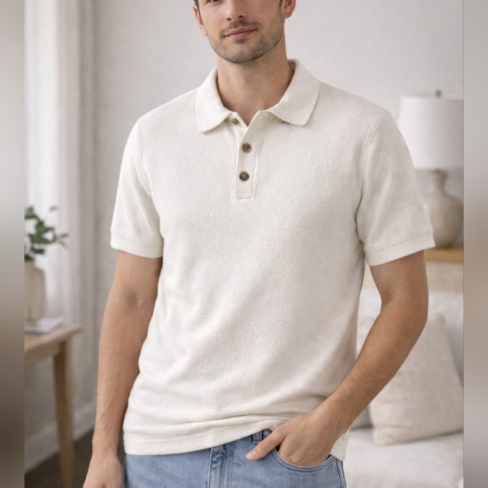 H&M Cream Polo Shirt Size L Men’s Textured Knit Short Sleeve Button Casual New